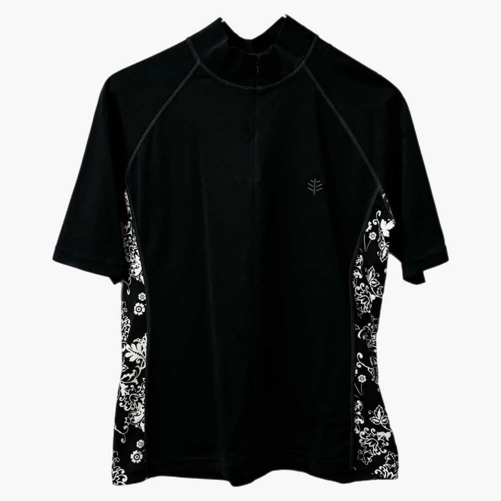 Coolibar SPF 50+ Black White Floral Print Half Zip Rashguard Swim Top Size Small - Picture 2 of 9